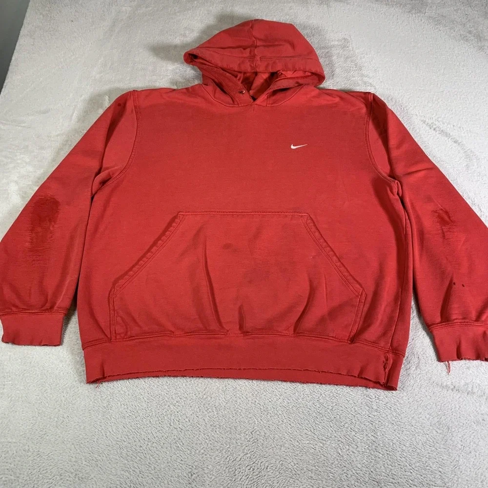 Vintage‎ Nike Essentials Small Swoosh Hoodie Mens Large Red Y2K Gray Tag FLAWS